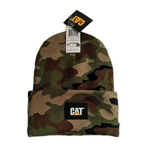 NEW Caterpillar CAT Label Cuff Beanie Hat Classic Logo Camo Green NWT